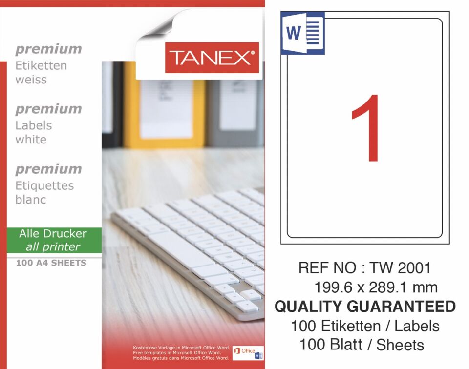 Tanex TW-2001 Yazıcı Etiketi 199.6 x 289.1 mm 100 Adet - Beyaz