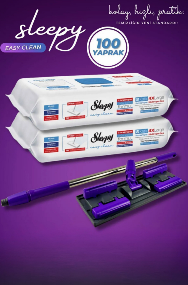 Sleepy Easy Clean Çamaşır Suyu Katkılı Mopa Uyumlu Yer Temizlik Havlusu 100 Yaprak + Mop Aparatı + Slim Bez