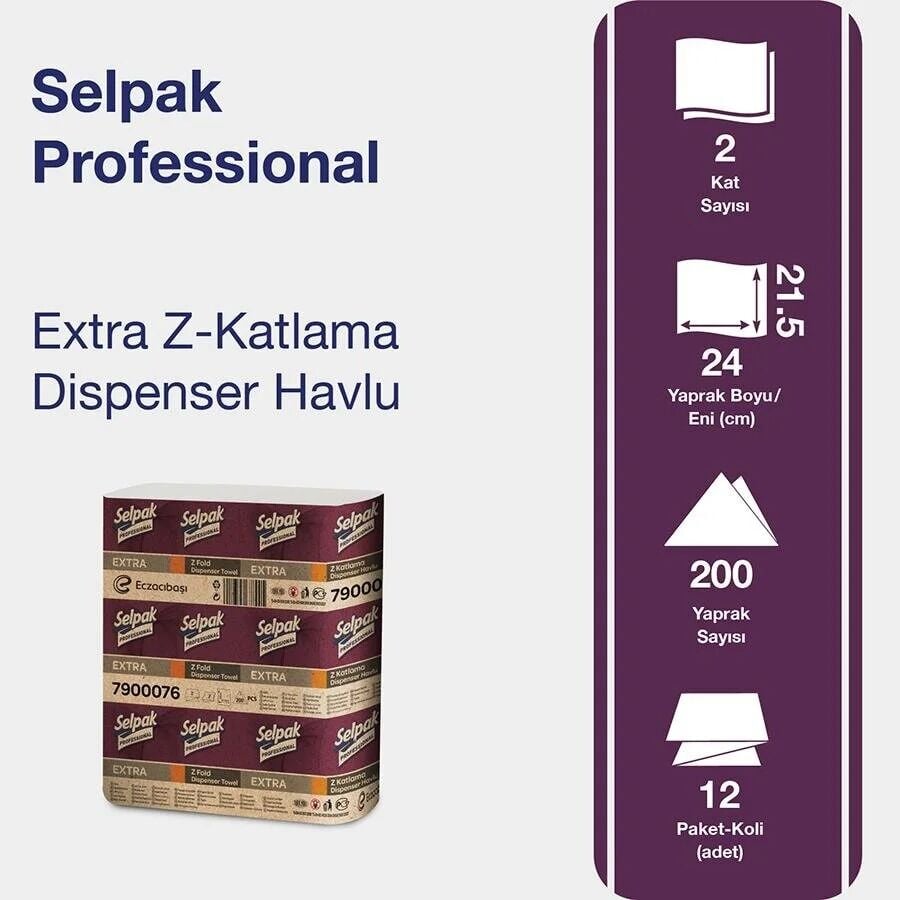 Selpak Professional Extra Z Katlama Dispenser Havlu 12*200 Yaprak 21.5cm*24cm