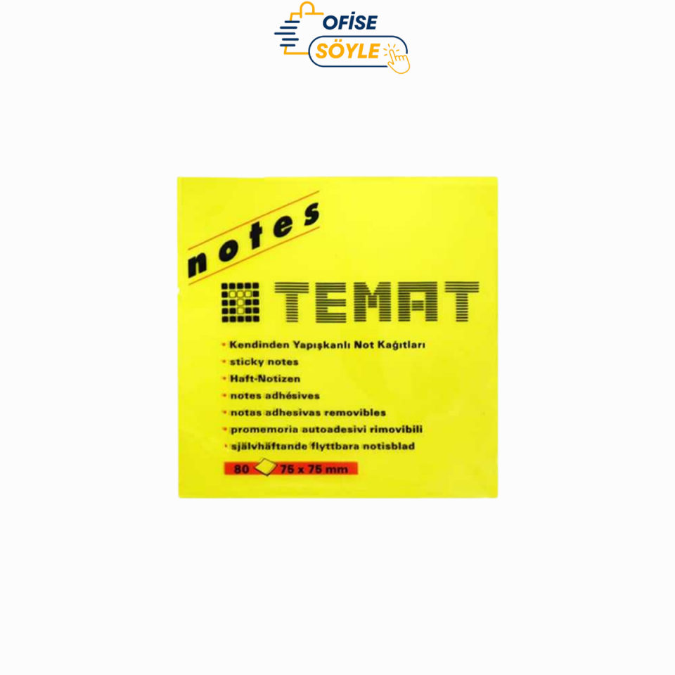 Temat Yapışkanlı Not Kağıdı 75x75 mm Fosforlu Sarı